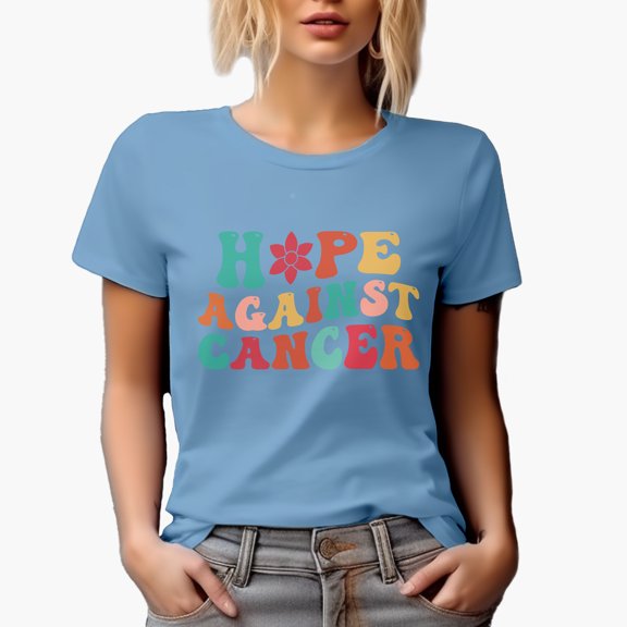 Hope Against Cancer, Groovy Retro Wavy Text Merch Gift, Baby Blue T-Shirt, XL