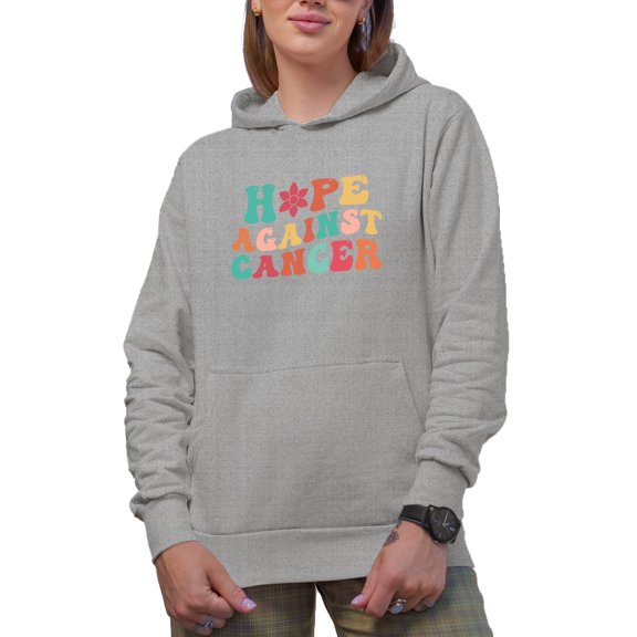 Hope Against Cancer, Groovy Retro Wavy Text Merch Gift, Heather Grey Hooded Sweatshirt or Hoodie, Medium
