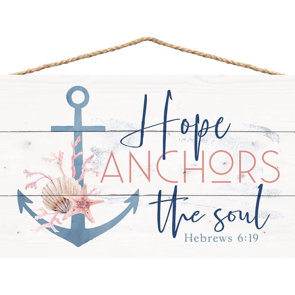 Hope Anchors Soul Nautical White 17 x 10.5 Pine Wood and Jute Pallet String Sign