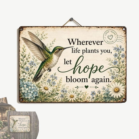 Hope Bloom Again Hummingbird Garden Sign, Vintage Metal Inspirational Quote Sign, Wherever Life Plants You Hope Bloom Again, Farmhouse Wall Decor Patio Porch Yard, Gift for Hummingbird Lovers