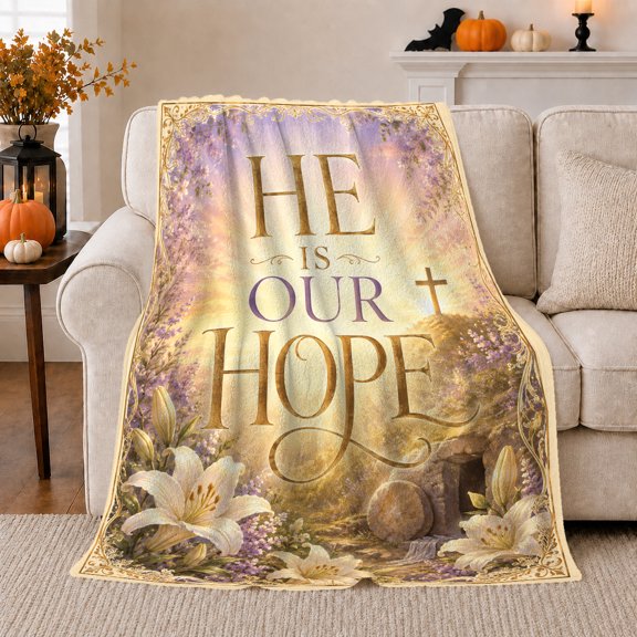 He Is Our Hope Cross with Lilies and Path, Peaceful Inspirational Style for Faith Quote Lovers, Easter Garden Motif and Easter Gift, Soft Flannel Blanket for Bedroom and Guest Room, Home Decor