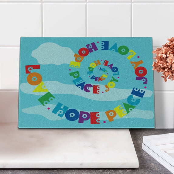 Hope Cutting Board, Rainbow Colored Love Hope Peace Joy Message with Sixties Inspired Floral Illustration, Decorative Tempered Glass Cutting and Serving Board, Small Size, Multicolor, by Ambesonne