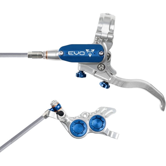 Hope EVO GR4 Disc Brake and Lever Set - Left Hand, Post Mount, 4-Piston, Braided Hydraulic Hose, Silver/Blue