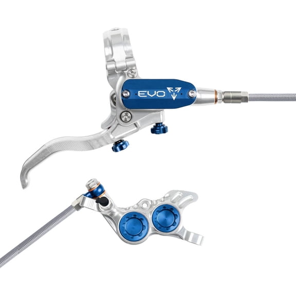 Hope EVO GR4 Disc Brake and Lever Set - Right Hand, Post Mount, 4-Piston, Braided Hydraulic Hose, Silver/Blue