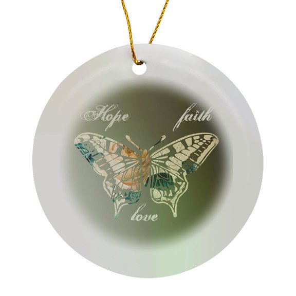 3drose, Hope, Faith and Love Gold Butterfly Inspirational Art, Circle Porcelain Ornament