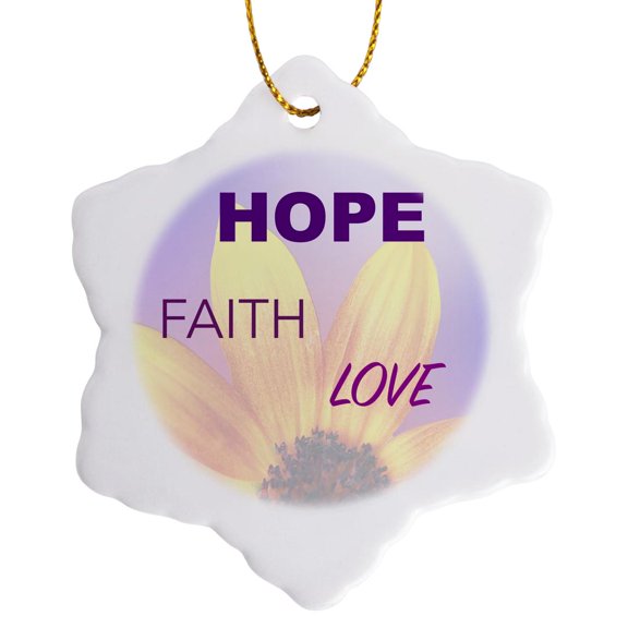 3drose, Hope Faith Love Written over a Photograph of Half a Faded Sunflower., 3 inch Snowflake Porcelain Ornament