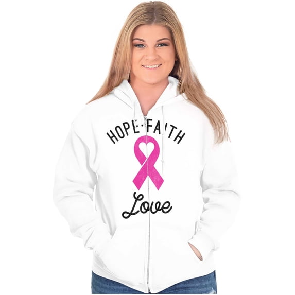 Hope Faith love Breast Cancer Ribbon Womens Plus Size Graphic Zipper Hoodie Brisco Brands 3X