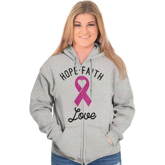 Hope Faith love Breast Cancer Ribbon Womens Plus Size Graphic Zipper Hoodie Brisco Brands 2X