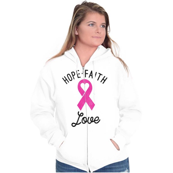 Hope Faith love Breast Cancer Ribbon Zip Hoodie Sweatshirt Women Brisco Brands L
