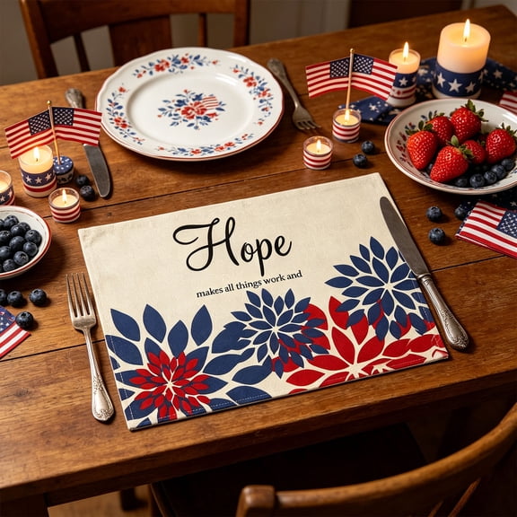 Hope Floral Independence Day Placemat, Red Blue Flower Patriotic Table Mat, Washable Polyester Dining Decor for 4th of July