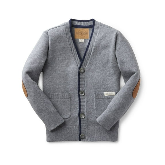 Hope & Henry Boys' Tipped Cardigan Sweater With Elbow Patches | Medium Grey