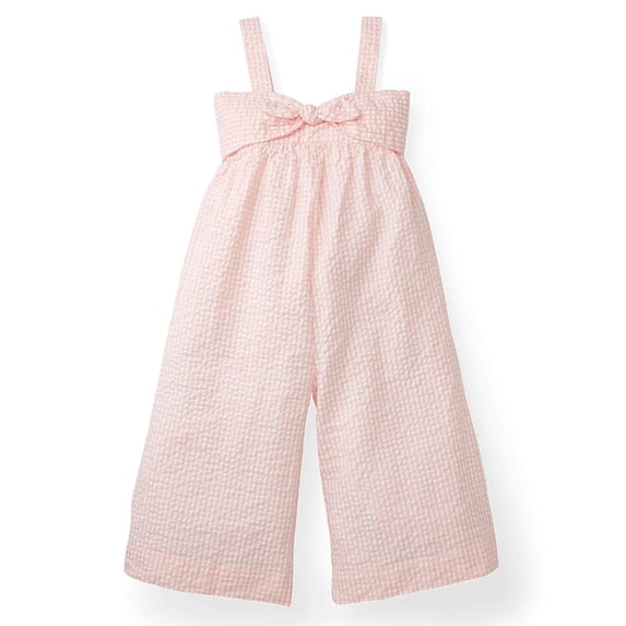 Hope & Henry Girls' Bow Front Wide Leg Jumpsuit | Pink Seersucker