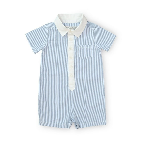 Hope & Henry Layette Baby Boy Woven Short Sleeve Romper with Collar and Button Front