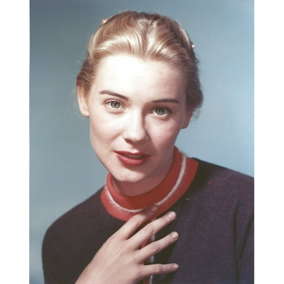Hope Lange wearing a Brown Sweater with Red lipstick on Blue Background Photo Print (8 x 10)