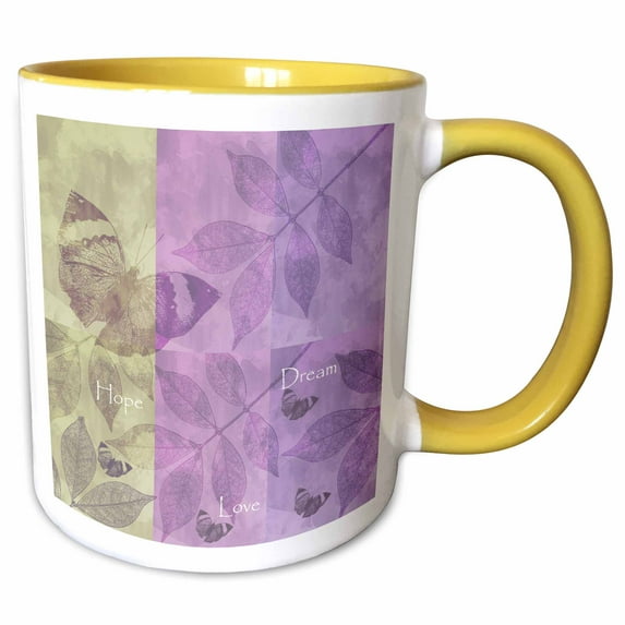 3drose, Hope, Love, Dream Inspirational Butterflies and Leaves, 11oz Two-tone Yellow Mug