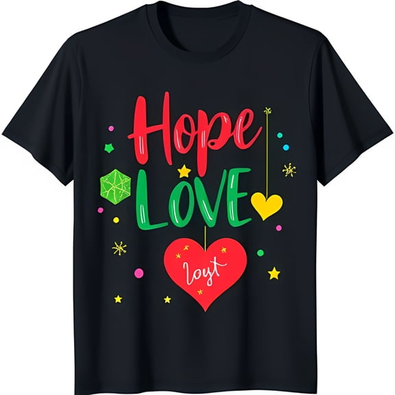 Hope Love Joy Graphic Black T-Shirt with Colorful Heart