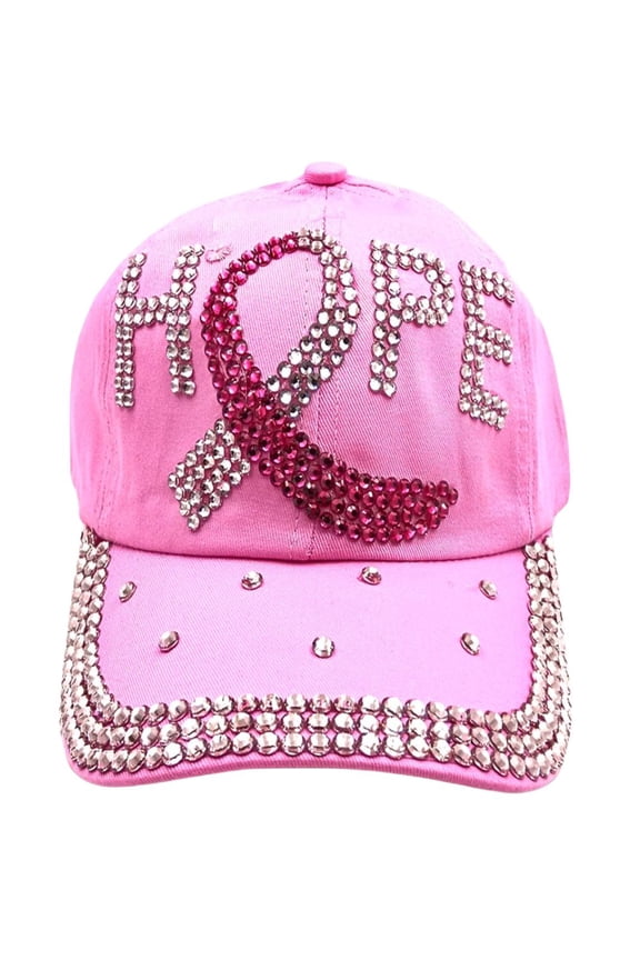 Hope Pink Ribbon Rhinestone Baseball Cap  Bling Breast Cancer Awareness Hat, Adjustable Sparkly Hat