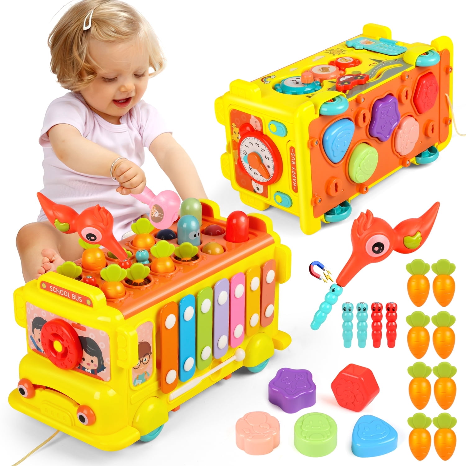 HopeRock Baby Montessori Learning Toys, 9 in 1 Music Activity School Bus Baby Toys, Interactive  Toy for Toddler Baby Game, 1 2 3 Years Old Boys Girls Birthday Gift.