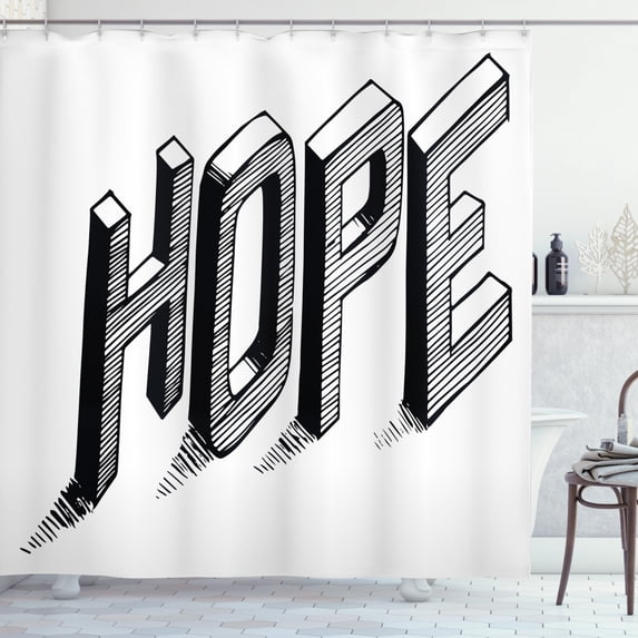Hope Shower Curtain, Sketch Letters with Stripes Spelling Hope Hand Drawn Calligraphic Arrangement, Fabric Bathroom Set with Hooks, 69W X 84L Inches Extra Long, Black and White, by Ambesonne