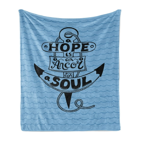Hope Soft Flannel Fleece Throw Blanket, Hand Drawn Anchor with Ropes Marine Elements Hope Words on Wavy Sea Background, Cozy Plush for Indoor and Outdoor Use, 70" x 90", Blue and Black, by Ambesonne