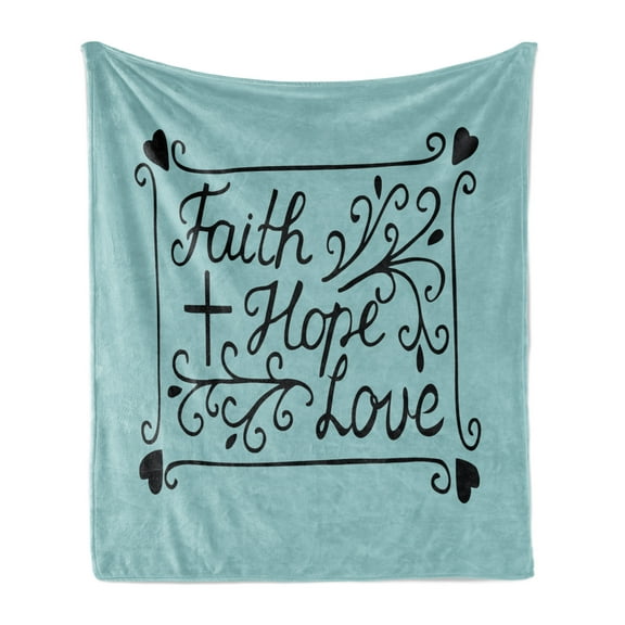 Hope Soft Flannel Fleece Throw Blanket, Hand Lettering Faith Hope Love Words with Floral Arrangement Hearts, Cozy Plush for Indoor and Outdoor Use, 50" x 60", Pale Blue and Black, by Ambesonne