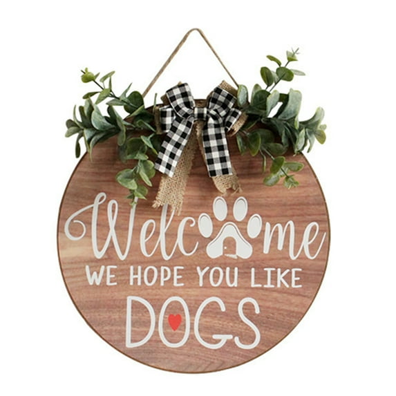 Hope You Like Dogs Wooden Sign with Paw Bow Rustic Farmhouse Wall Hanging Wreath for Front Door Home Outdoor Decorations