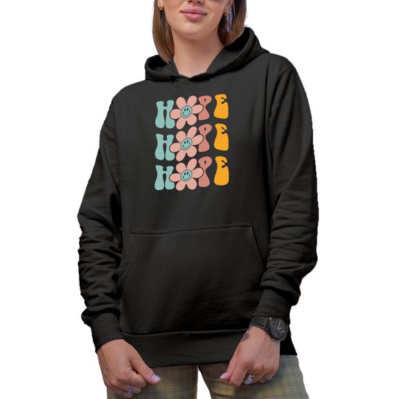 Hope with Flowers, Expecting Good Things Themed, Groovy Retro Wavy Text Merch Gift, Black Hooded Sweatshirt or Hoodie, Small