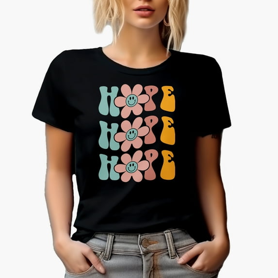 Hope with Flowers, Expecting Good Things Themed, Groovy Retro Wavy Text Merch Gift, Black T-Shirt, Large