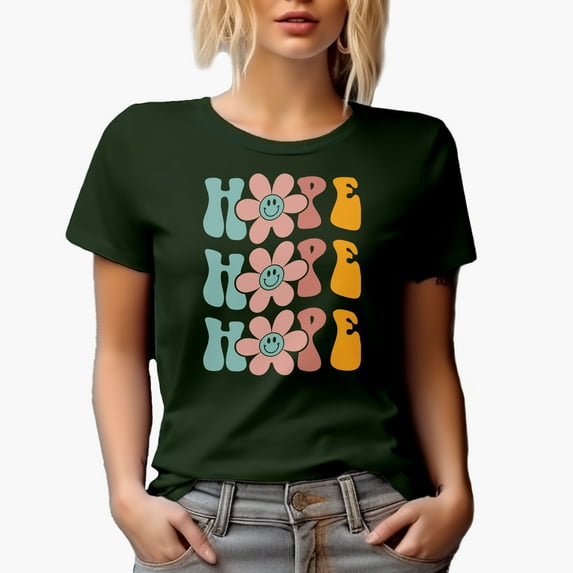 Hope with Flowers, Expecting Good Things Themed, Groovy Retro Wavy Text Merch Gift, Military Green T-Shirt, XL