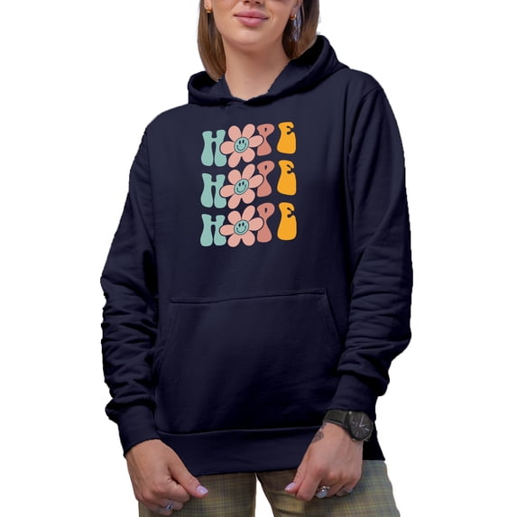 Hope with Flowers, Expecting Good Things Themed, Groovy Retro Wavy Text Merch Gift, Navy Blue Hooded Sweatshirt or Hoodie, Large