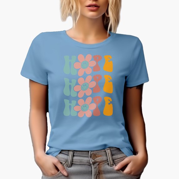 Hope with Flowers, Groovy Retro Wavy Text Merch Gift, Baby Blue T-Shirt, 3XL
