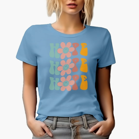 Hope with Flowers, Groovy Retro Wavy Text Merch Gift, Baby Blue T-Shirt, Small