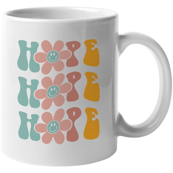 Hope with Flowers, Groovy Retro Wavy Text Merch Gift, White 11oz Ceramic Mug
