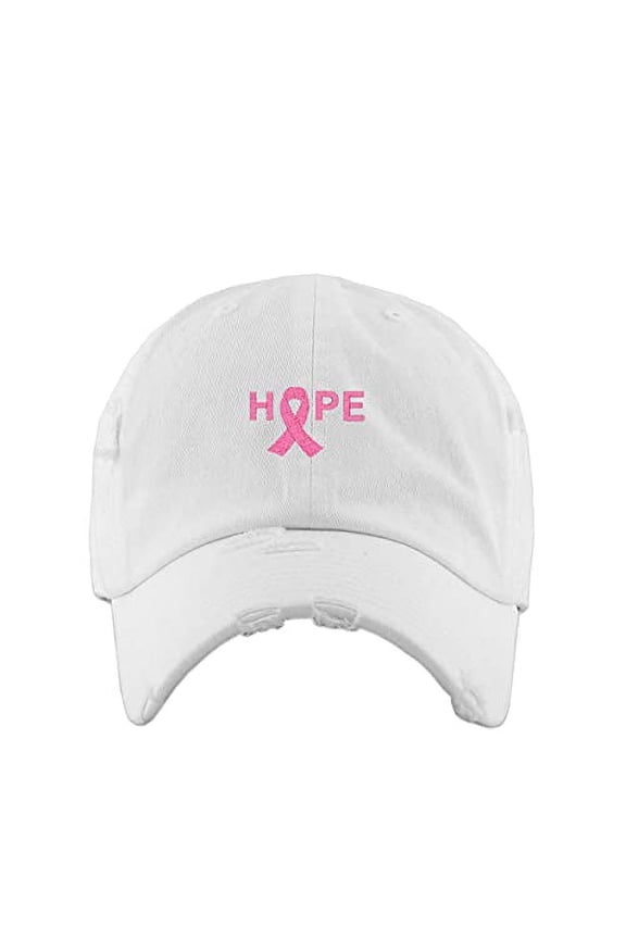 Hope with Ribbon Vintage Baseball Cap Embroidered Cotton Adjustable Distressed Dad Hat White