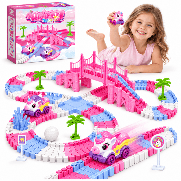 Hope wood 214PCS DIY Construction Unicorn Track Truck Car, Track Car Toy For Kid 3 4 5 6 Year Old Girls, Birthday Gift For Little Girl Pink