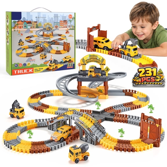 Hope wood 231PCS City Construction Race Tracks Toy for 3 4 5 6 7 8 Year Old Kids, Flexible Track Play Set, Engineering Road Games, Birthday Gift for Boys Girls