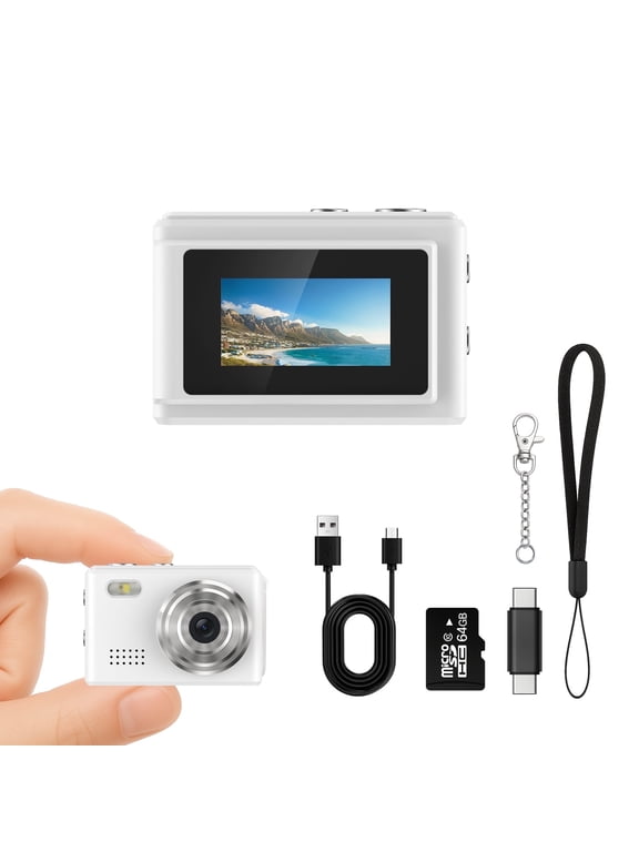 Mini Keychain Camera,0.96''1080P Tiny Retro Digital Camera with LED Flash Light,64GB Card, OTG Adapters for Travel Vlog Study, Birthday Gifts