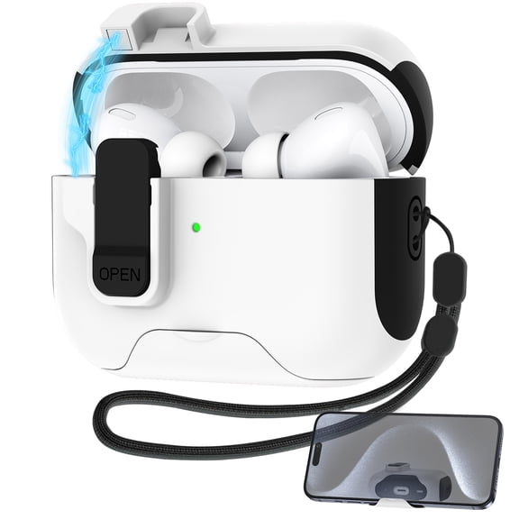 HopePow Compatible With AirPods Pro 2nd Generation/Pro 1st Generation Case Cover Cute Magnetic Lid with Phone Stand Lock& Strap Compatible with AirPods Pro 2 Headphone Case,White