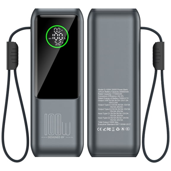 HopePow Power Bank for Laptop,20000mAh Portable Charger Power Bank 100W USB-C Ports LED Digital Display Power Bank Compatible with iPhone 17/16/15 Series,Laptop Macbook,Samsung,Gray