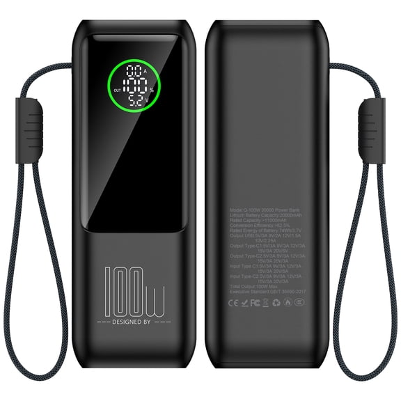 HopePow Power Bank for Laptop,20000mAh Portable Charger Power Bank 100W USB-C Ports LED Digital Display Power Bank Compatible with iPhone 17/16/15 Series,Laptop Macbook,Samsung,Black
