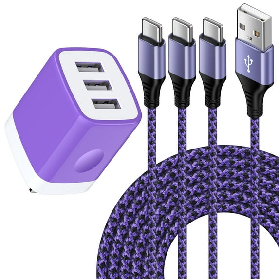 HopePow Three Port Usb Wall Charger Block with 3PACK Usb A to Usb C Cable 6ft,Usb C Type C Charger Block Fast Charging Multi Port Adapter Plug Cube Brick High Speed Phone Android Charger Cord Type C