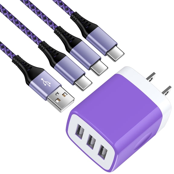 HopePow Three Port Usb Wall Charger Block with 3PACK Usb A to Usb C Cable 3ft,Usb C Type C Charger Block Fast Charging Multi Port Adapter Plug Cube Brick High Speed Phone Android Charger Cord Type C
