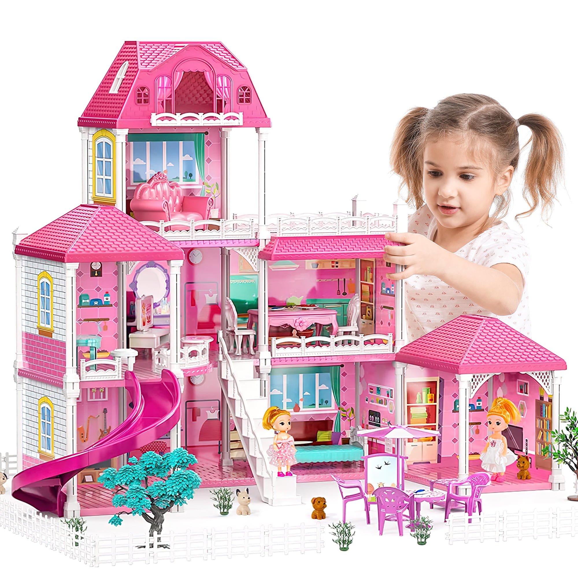 Doll House, Dream Doll House Furniture Pink Girl Toys, 4 Stories 10 Rooms  Dollhouse with 2 Princesses Slide Accessories, Toddler Playhouse Gift for