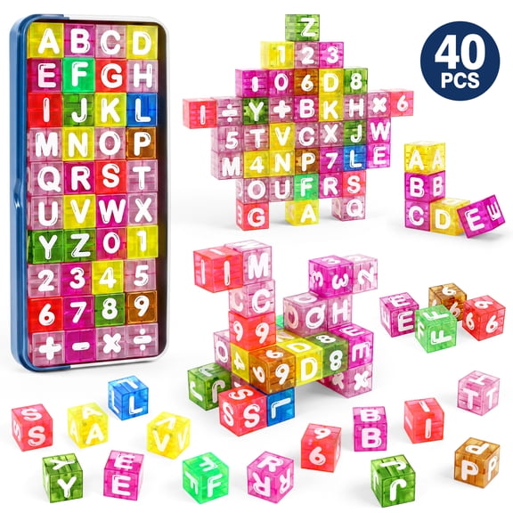 HopeRock Magnetic ABC Blocks Toys, 40PCS Numbers and Letters STEM Toys for Kids 3-8, Montessori Learning Toys for Kids Ages 3+ Birthday Gift.