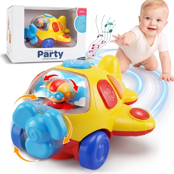 HopeRock Baby Crawling Toys Ages 1 2 3 Years, Bump and Go Airplane Toy for Toddlers 18 Months+ with Lights, Music & Sounds, Moving Sensory Toy for Boys Girls, Christmas Birthday Gift.