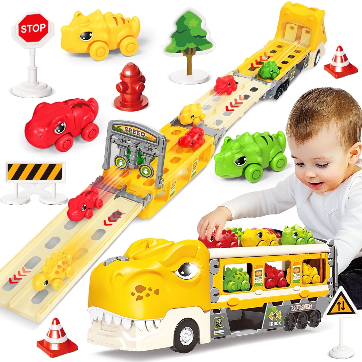HopeRock Dinosaur Toy, Car Toy for Boys, Dinosaur Carrier Truck with 6 Pack Small Pull Back Dino Car, Christmas Birthday Gift for 1 2 3 4 5+ Boy Kids Toddlers.