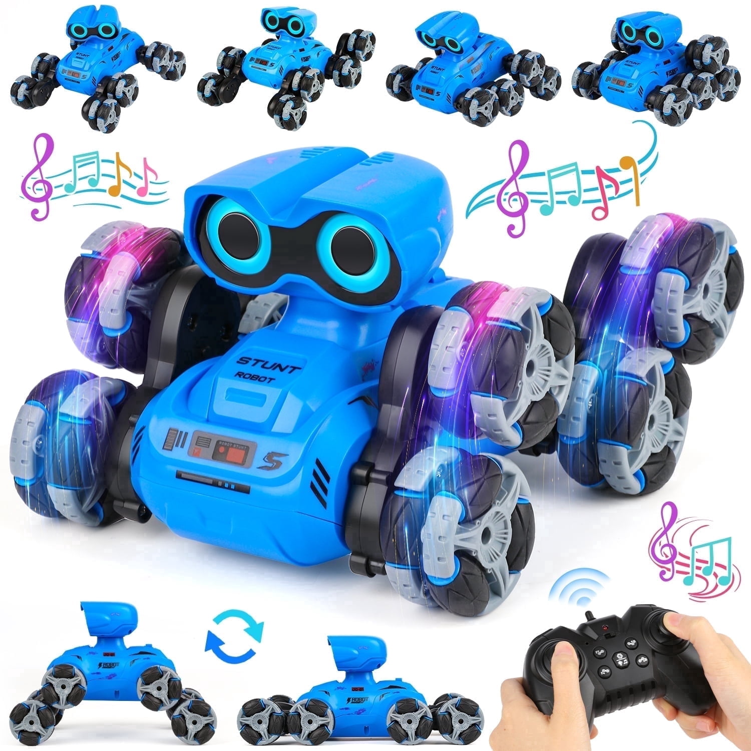 HopeRock RC Stunt Car Robot Toy for Boys Ages 2-6, 8-Wheel with LED Eye Lights, Music, Dance, All-Terrain & 360° Spins, Remote Control Robot Christmas Birthday Gift for Boys 3-12 Years Old.