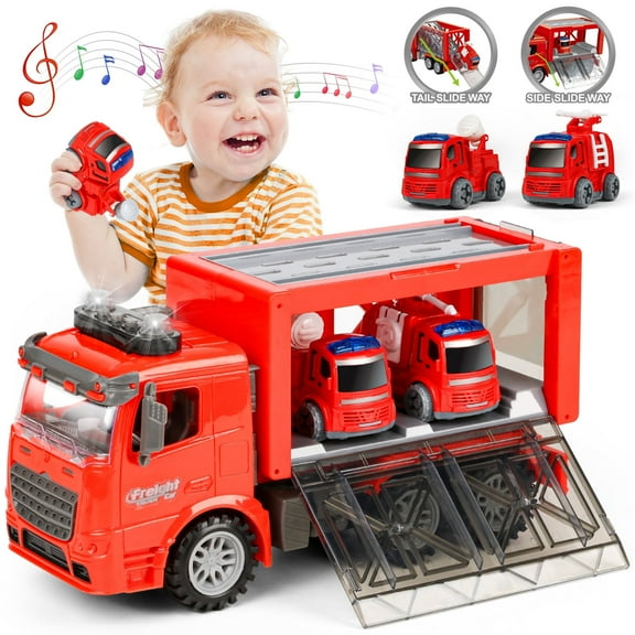 HopeRock Fire Truck Toys for 3 4 5 Years Old Boys, 3 in 1 Carrier Truck Toys with Storage, Light and Sound, Christmas Birthday Gift For Kids Boys 2 3 4 5 6 Years.