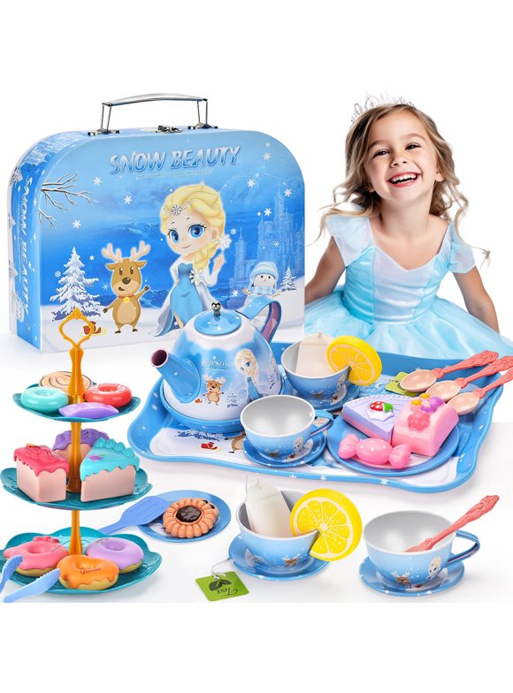 HopeRock 47PCS Princess Kitchen Tea Set for Little Girls Toys, Pretend Play Toys for Girl 3-6 Years Toddler Girls Christmas Birthday Gift.(Blue)