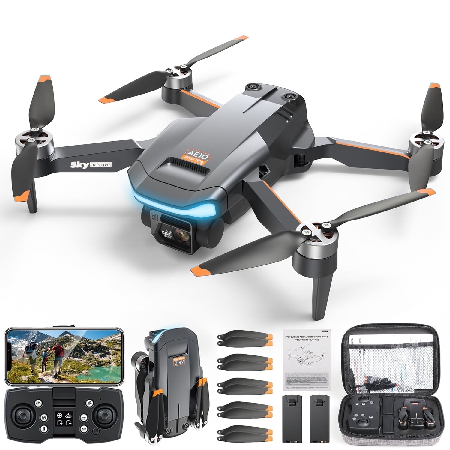 HopeRock GPS Drones with Camera for Adults, AE10 Mini Fodable RC Drone for Beginners with Auto Return Home, 1080P HD, Dual-Camera FPV , Brushless Motor, 2 Batteries, Black